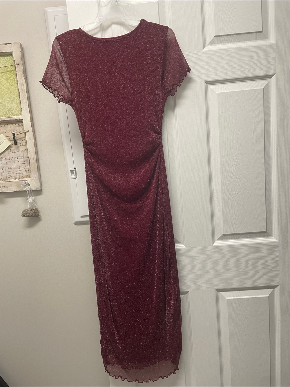 SHEIN Burgundy Sparkle Maxi Dress with Sheer Short Sleeves